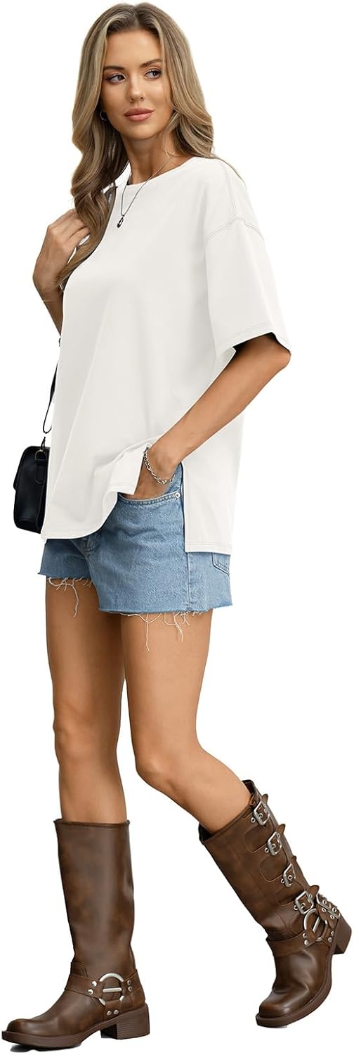 Womens Cotton Oversized T Shirts Side Slit Tops Loose Fit Tee Crewneck Short Sleeve Summer Clothes 2026 - Image 6