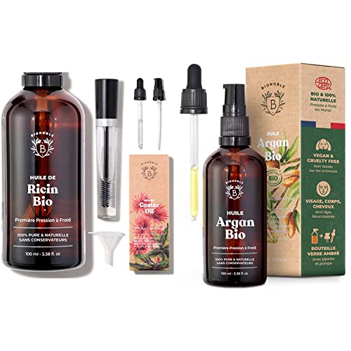 Bionoble Huile de Ricin Bio 100ml - 100% Pure, Naturelle et Pressée à Froid - Cils, Sourcils, Corps, Cheveux, Barbe, Ongles & Huile d'Argan Bio 100ml - 100% Huile d Argan Pure et Pressée à Froid Cover