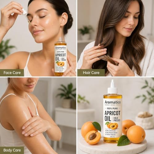 Image of AROMATICO Cold Pressed Apricot Kernel Oil for Hair & Skin - Lightweight Carrier Oil for Dry Skin, Hair Nourishment & Body Massage | 200ml