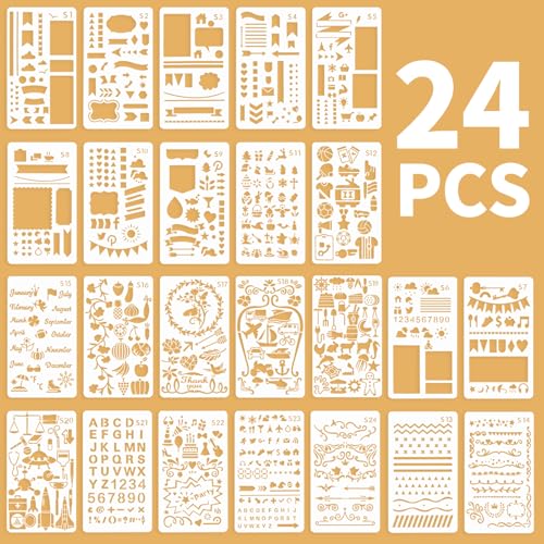 24 Pcs Journal Stencils Set, 4x7 Inch Planner Stencils for Notebook Scrapbook DIY, Schedule Templates Including Daily Weekly Monthly Plan Lists, Letters, Numbers, Bullet Point Checklists