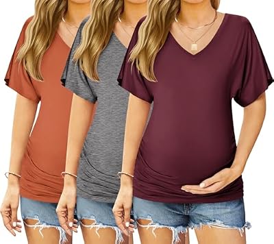 Ekouaer 3 Pack Maternity Shirts - V Neck Pregnancy Tops and Summer Tunic Blouses