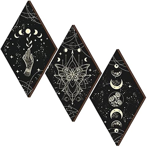 3 Pcs Rustic Boho Wall Decor Moon Phases Wall Art Stars and Moon Wall Decor Minimalist Boho Room Decor Wooden Moon Phase Wall Hanging Farmhouse Moon Wall Sign for Home (Black, Gold, Rhombus) Cover