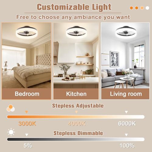 Image of VOLISUN Low Profile Ceiling Fans with Lights and Remote,15.7in Modern Ceiling Fan Flush Mount,3000K-6500K Dimmable Bladeless LED Fan Light,Black Fandelier Ceiling Fans with Lights for Bedroom