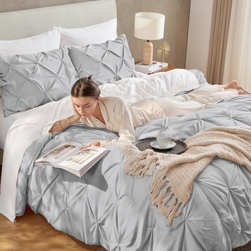 Image of Andency Oversized King Pinch Pleat Comforter Set (120 inchx98 inch),3 Piece Lightweight Pintuck Bedding Comforters & Sets, Fluffy Down Alternative Comforter with 2 Pillow Shams for All Season,Light Gray