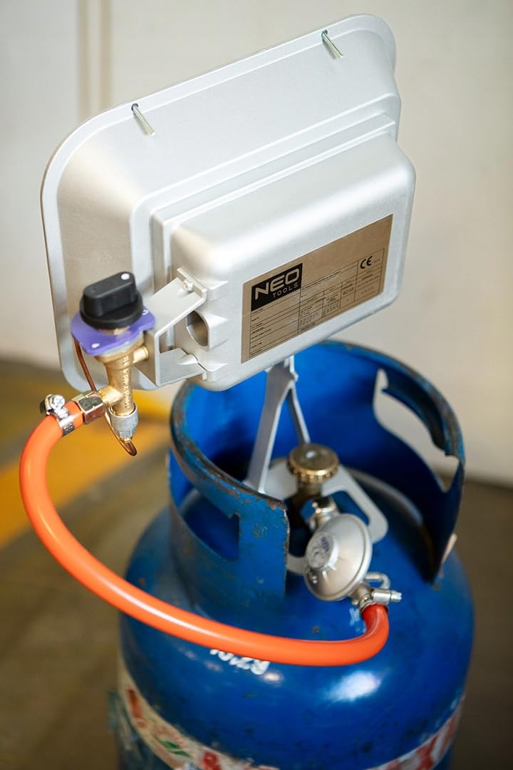 NEO TOOLS Stufa a gas, riscaldatore a gas, con regolatore di pressione, alimentato a gas propano, con tubo e regolatore - 34 x 13 x 40 cm - Potenza nominale - 4600 W