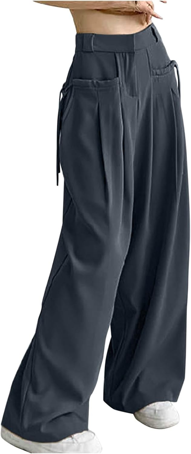 Damen Sommerhose Weites Bein - High Waist Business Freizeithose Mit Taschen