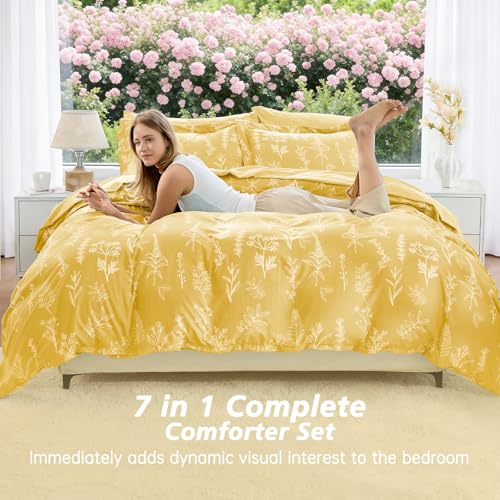 Image of MUXHOMO Bright Yellow Full Comforter Set, Elegant Floral Print Bed in a Bag 7 Pieces, Ultra Soft & Breathable Reversible Botanical Pattern Bedding Set with Comforter, Sheets, Pillowcases, and Shams