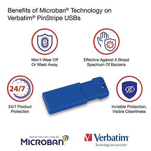 Verbatim 16Gb Pinstripe Usb 3.2 Gen 1 Flash Drive Retractable With Microban Antimicrobial Product Protection- 5 Pack - Multicolor (Green, Blue, Red, Purple, Cyan) #TOP3