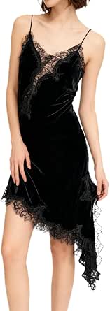 Women Y2K Lace Trim Velvet Mini Dress with V Neck and Spaghetti Straps