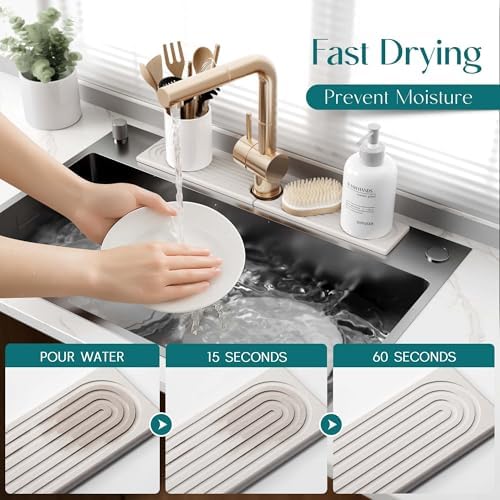 Eormoe Faucet Mat for Kitchen Sink โ Diatomite Stone Drying Mat & Sink Protectors, Prevent Moisture โ Sink Splash Guard Water-Absorbing Stone Tray for Bathroom Counter (Light Grey, 23.6" x 3.9") - 2