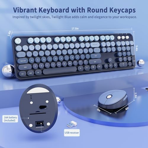 Image of Wireless Keyboard and Mouse Set, Full-Size Typewriter Keyboard with Retro Round Keycaps, Ergonomic Design, Compatible with Windows PCs, Ideal for Home and Office. (Blue)