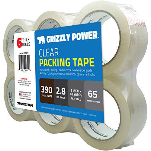 Grizzly Power Clear Packing Tape Refill Rolls For Shipping, Moving Packaging - True 2 Inch X 65 Yards, 2.8Mil Thick, 6 Rolls #TOP1