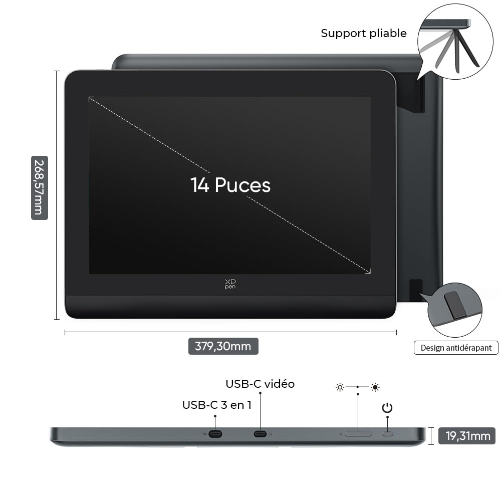 XP-PEN Artist Pro 14 (Gen 2) Tablette Graphique, Tablette Graphique Dessin avec Écran Laminé, Stylet Passif à 16K(16384) Niveaux de Pression, Télécommande de Raccourci Fourni, Support Pliable
