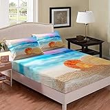  Lot de 2 draps-housses en forme de coquillages - 140 x 200 cm - Bleu océan - Plage dorée - Pour enfants, garçons, filles et adultes