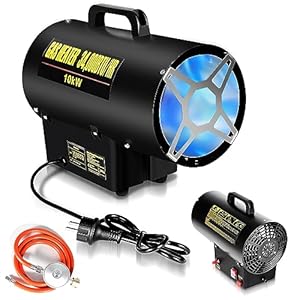 Ikodm Gasheizung für innenräume, 10KW 220V Gasheizgerät Gasheizer Gasheizgebläse Propangasheizgebläse 320 m³/h Luftdurchsatz, mit 1, m Gasschlauch und 700 mbar Druckminderventil