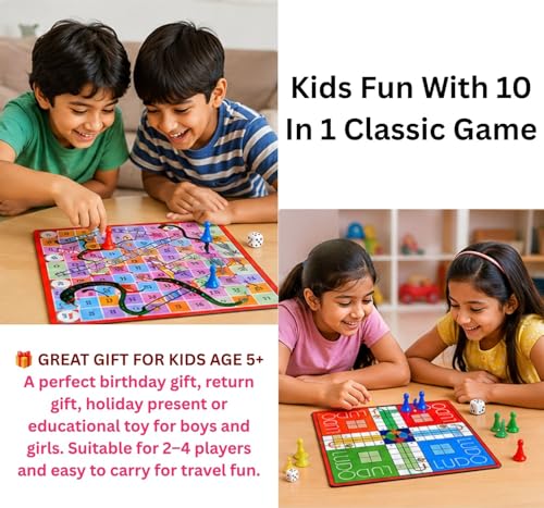 Image of Ekta 10 in 1 Classic Board Games Set for Kids & Family | Chess, Ludo, Snakes & Ladders, Backgammon & More | 5 Double Sided Thick Boards | Indoor Strategy Game for Boys Girls Age 5+