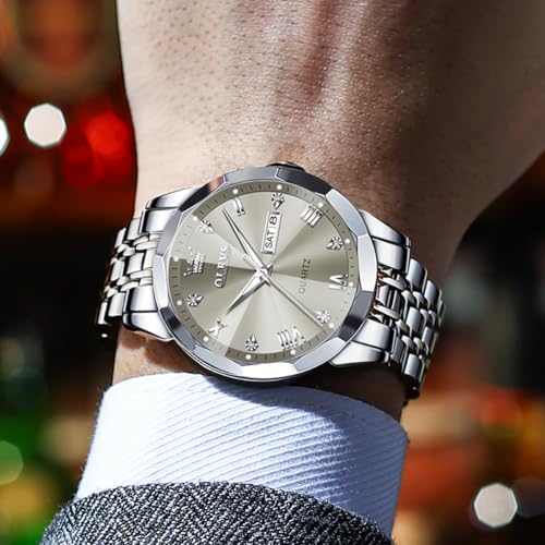 Image of OLEVS Watch for Men Diamond Business Dress Analog Quartz Stainless Steel Waterproof Luminous Date Two Tone Luxury Casual Wrist Watch Blue