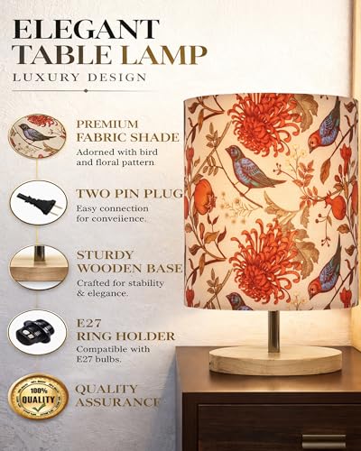 Image of Homesake Small Pine Table Lamp-Wooden Bedside Lamp Simple Bedroom Light Linen Shade Mini Desk Lamp Nightstand Lamps for Bedroom, Living Room, Gift, (Bird Cylinder)