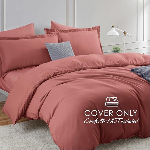 Image of Hearth & Harbor Pink Clay Duvet Cover with Fitted Sheet Full Size | 4 Piece Soft Double Brushed Bedding Set, Button Closure, 1 Duvet Cover 80x90 Inches, 1 Fitted Sheet, 2 Pillow Shams