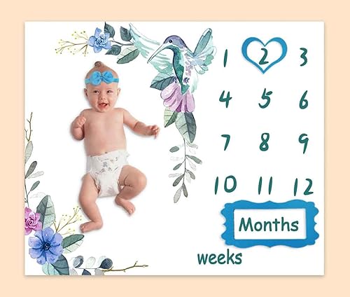 Miniatura 4 de BTXTPH504 - Manta mensual de hitos para bebé, tabla de crecimiento personalizada de pájaro floral azul, fotos de bebé, 48 x 40 pulgadas, fondo de