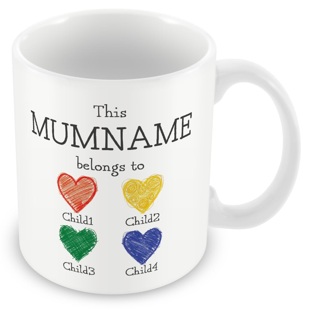 Personalised “This Mum Belongs to” Mug – Custom Children Names Heart Mug for Mum – Cute Kids Drawing Style Mother’s Day Gift – Up to 5 Children – Add Matching Card or Coaster