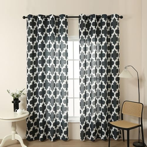 Homxi Cortinas Semitranslucidas Ventana 2 Paneles,2 x 130W x 160H CM,Cortina para Dormitorio Patrón de Geométrico Negro Cortina con Ojales