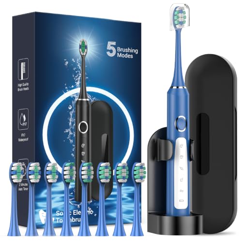 Rtauys M5 Electric Toothbrush for Adults - Sonic Electric Toothbrush for Kids and Adults with 8 Brush Heads & Travel Case, 120 Days Battery Life - Blue