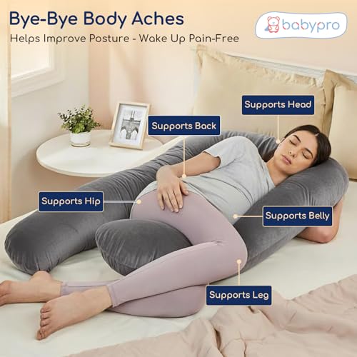 Image of BabyPro U-Shaped Pregnancy Pillow with Silky Cooling Velvet Cover, Grey | Full Body Pillow for Back Pain, Head, Belly, Hips & Knees, Soft Cushion