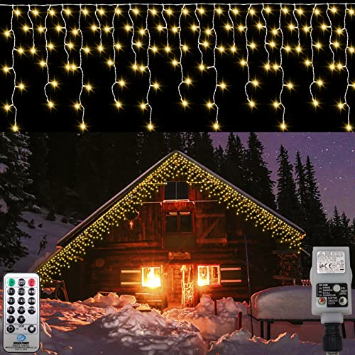 DreiWasser Eisregen Lichterkette, 600 LED Lichtervorhang 8 Modi, 3 Timer für Hochzeit, Partys, Weihnachtsdeko Innen (Warmweiß, 600 LED) Cover