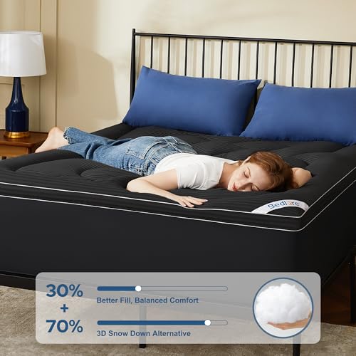 Image of BEDLORE Full Mattress Topper, Thick Pillow Top Pad for Back Pain Relief, Soft Mattress Cover with Deep Pockets 6-15 inch（Black）
