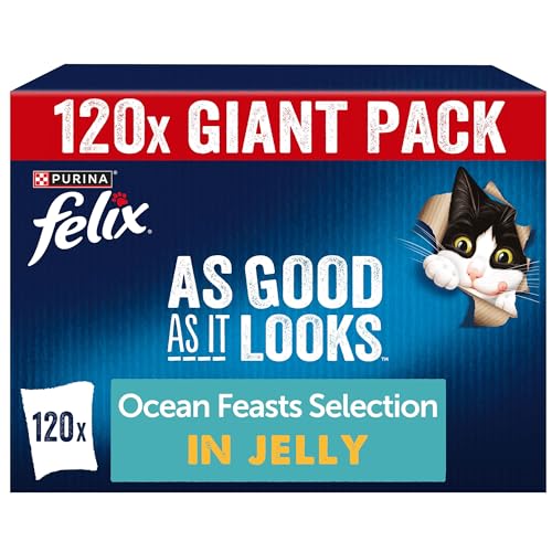 FELIX As Good As it Looks Adult Wet Cat Food Ocean Feasts in Jelly Plaice Salmon Tuna Cod 120 x 85g Pouches