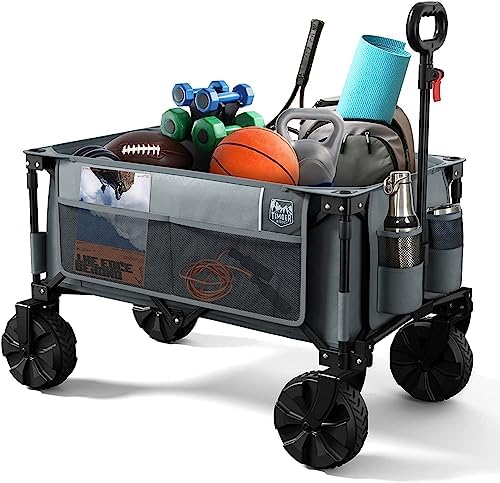 TIMBER RIDGE Outdoor Collapsible Wagon Utility Folding Cart Heavy Duty All Terrain Wheels for Shopping Camping Garden with Side Bag and Cup Holders, Grey