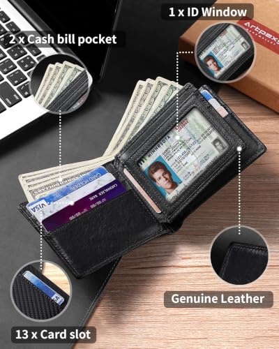 Image of Artpaxy Mens Wallet Bifold Genuine Leather RFID Blocking Wallet for Men with 1 ID Window 13 Card Holders 2 cash pockets 1 Gift Box