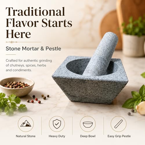 Image of NUTRION Square Granite Mortar and Pestle Set for Kitchen Spice Grinding, Heavy Duty Stone Herb Crusher Bowl for Garlic, Masala, Chutney & Pesto Preparation, Grey Manual Grinder