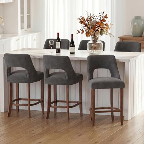 Image of UVV Bar Stools Set of 6, Upholstered Counter Height Bar Stools, Modern Counter Stools with Wood Legs for Kitchen Island Dining Room Bar, Dark Grey