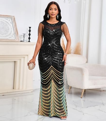 Cololura Women Sexy Sequin Tassel Mesh Perspective Gold Threads Patchwork Bodycon Party Cocktail Evening Gown Dress4