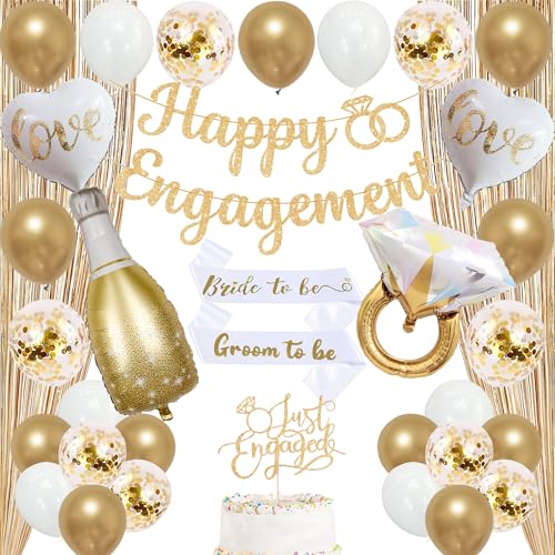 Trgowaul Champagne Gold Engagement Party Decorations Happy Engagement Banner Backdrop Bride&Groom Sash for Bridal Shower Ring Foil Balloon Just Engaged Cake Topper Wedding Shower Decor
