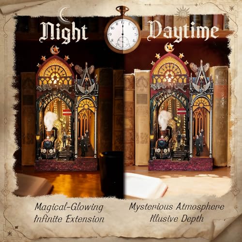 Image of Magic Train Station Book Nook Kit, 3D Wooden Puzzles for Adults with LED Light and Sound, Enchanted DIY Miniature Bookshelf Decor Experienced Players, Magical Book Gifts for Adults