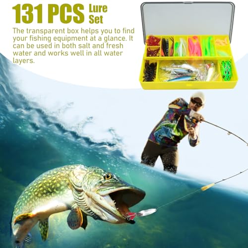 131 Stück Angelköder Set Mit Tackle Box Für Hecht, Angelzubehör Forelle, Fishing Accessories Einschließlich Gummifische, Oberflächenköder, Spinner Für Süßwasser Salzwasser Fischen
