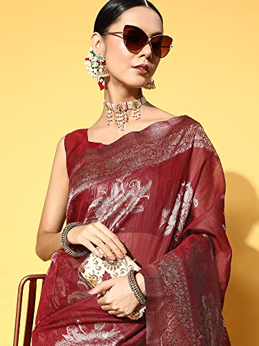 Image of AKHILAM Women's Floral Linen Zari Saree With Unstitched Blouse Piece (FF0LNJCQ09 Parent)