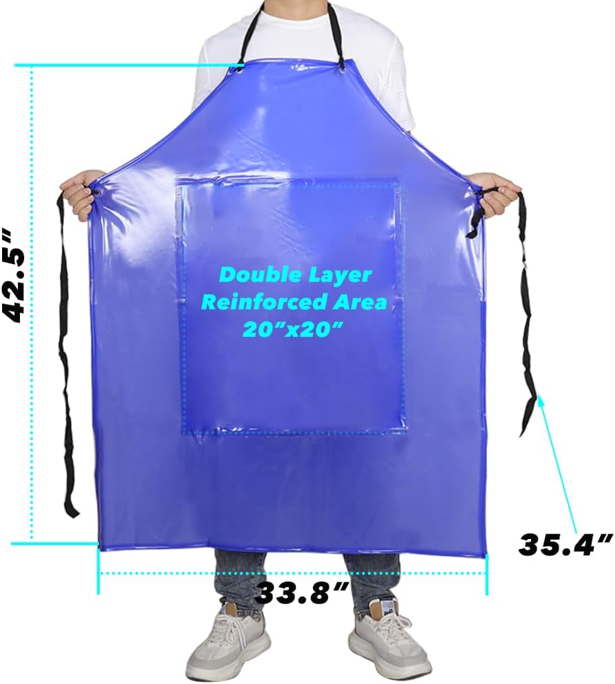 Waterproof Rubber Vinyl Work Apron -42.5" x 33.8" Plus Size Double Reinforced Chemical Resistant PVC Blue Bib Apron - Image 4