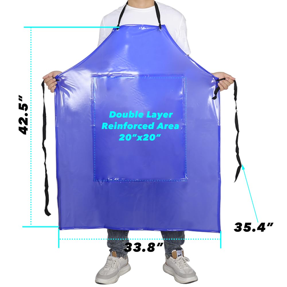Delantal de trabajo de vinilo de goma impermeable, 42.5 x 33.8 pulgadas, tamaño grande, doble reforzado, resistente a los químicos, PVC, azul