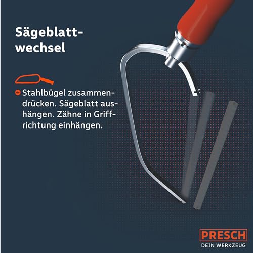 Presch Bügelsäge PUK 150mm inkl. Universalsägeblatt - Original Handsäge - Kleine Säge für Metall, Buntmetall, Kunststoff, Aluminium, alle Hölzer - Universalsäge