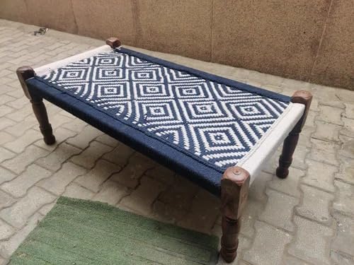 Image of Handwoven Wooden Bench | Traditional Rope Charpai Stool | Solid Wood Frame Seating for Living Room, Balcony & Outdoor | Durable & Stylish Design (Blue & White Finish)