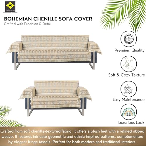 Image of Elegant Woven Beige Sofa Cover - Soft Chenille Traditional Pattern with Lace Style | L-Shape Sectional Seat Protector for Living Room | Durable & Stylish Slipcover 3+2 Seater with Arms