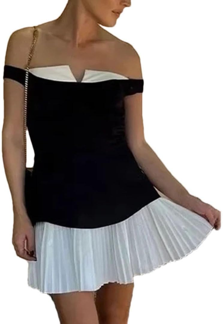 Womens Pleated Mini Dress Clashing Color Strapless Backless Summer Party Elegant Cocktail Dress