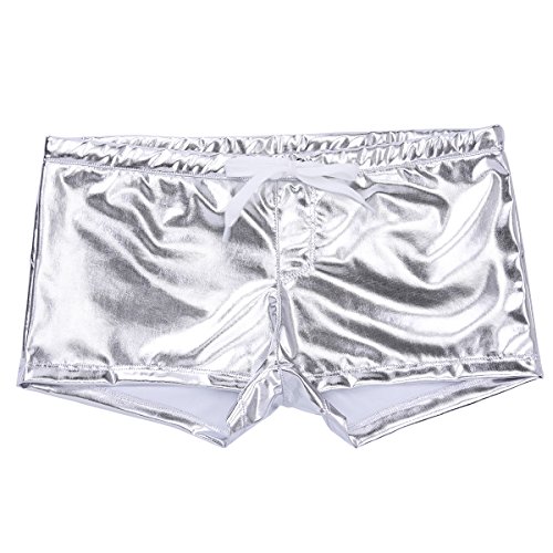 Msemis Men's Sexy Metallic Wetlook Drawstring Boxer Shorts Swim Trunks Punk Underwear Underpants Silver Medium #TOP5