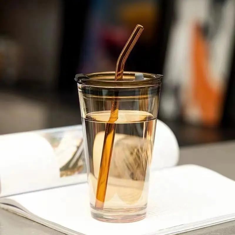 Image of Reusable Glass Coffee Sipper Mugs with Lid & Straw Pack of 1, 450ml Multipurpose Drinking Glasses Tumbler with Leather Sleeve Cup for Juice Smoothies Iced Tea Home & Travel (B Brown)