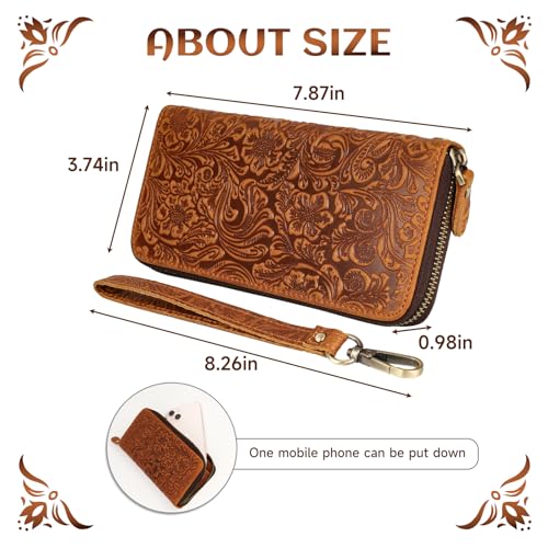 GUZUHUKU Vintage Embossed Zipper Wallet, Womens Wallets Large Capacity Detachable Wrist Strap Clutch Purses Perfect for Travel and Dating2