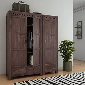 EBANSAL Wooden 3 Door Wardrobe for Bedroom, Almirah with 3 Drawers & Multiple Shelves Storage, Solid Sheesham Wood, Walnut Finish
